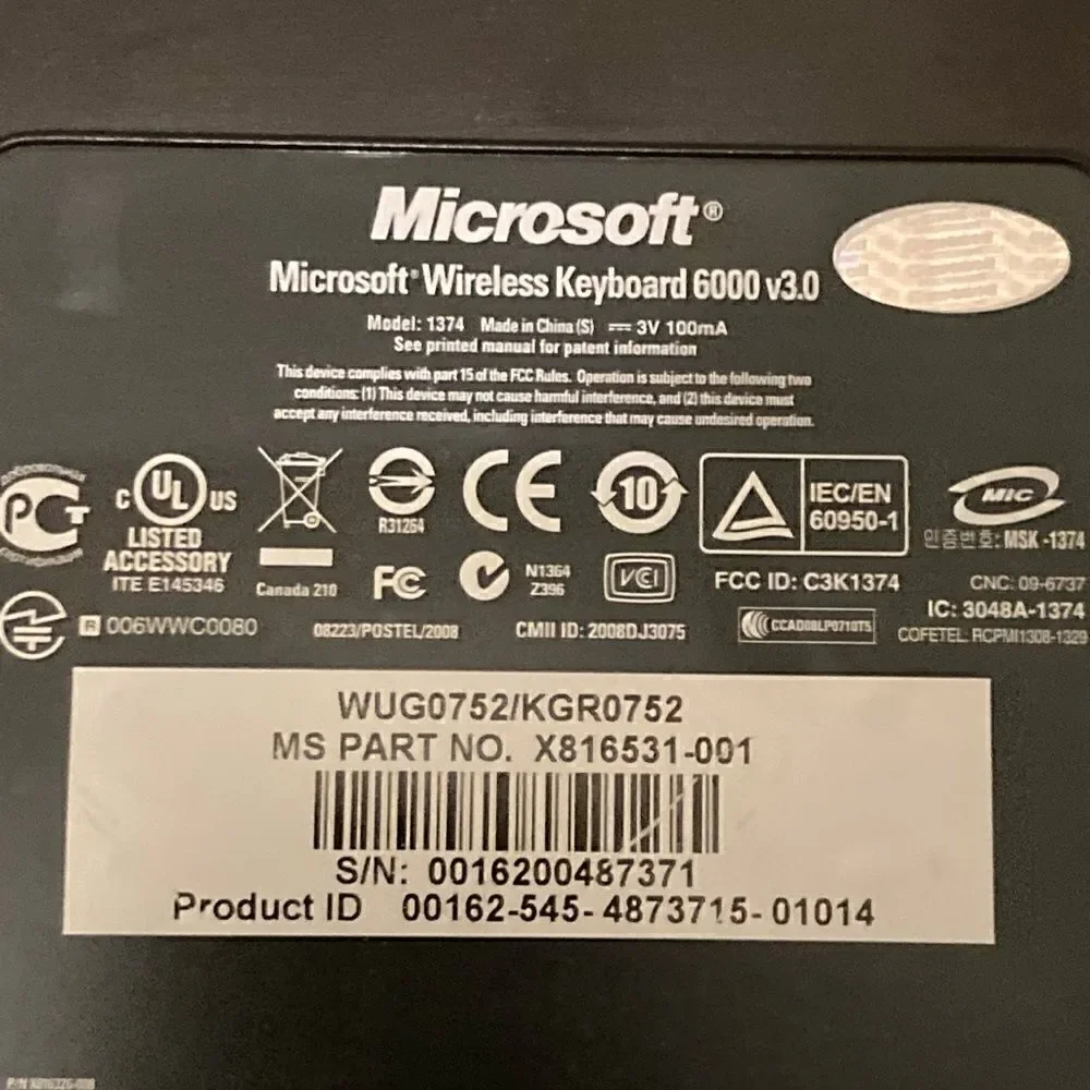 Microsoft Wireless Keyboard 6000 Version 3.0 UNTESTED